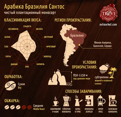 Кава в зернах Trevi Арабіка Бразилія Сантос 500 г