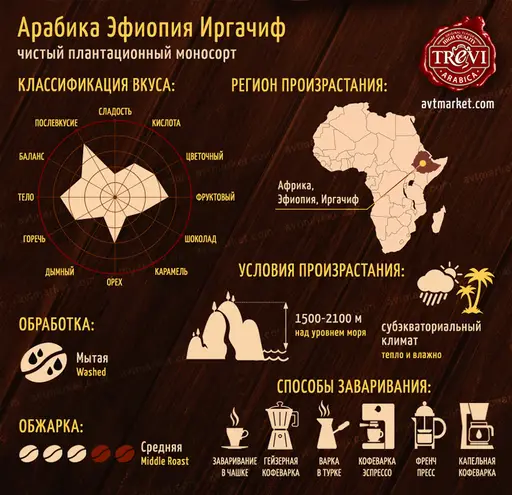 Кава в зернах Trevi Арабіка Ефіопія Їргачоф 500 г