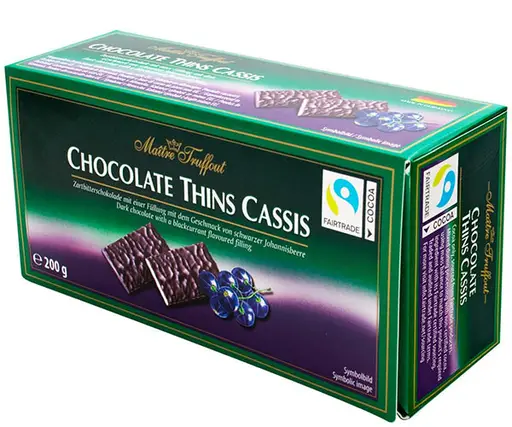 Шоколад чорний Maitre Truffout Chocolate Thins Cassis Чорна смородина 200 г