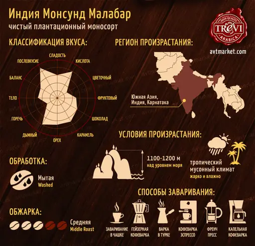 Кофе в зёрнах Trevi Арабика Индия Монсунд Малабар 500 г